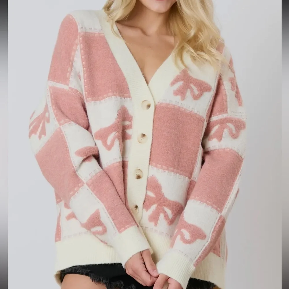Jane Bow Check Sweater ✨ 3D Bow and Square Pattern Oversized Cardigan - Picture 3 of 8